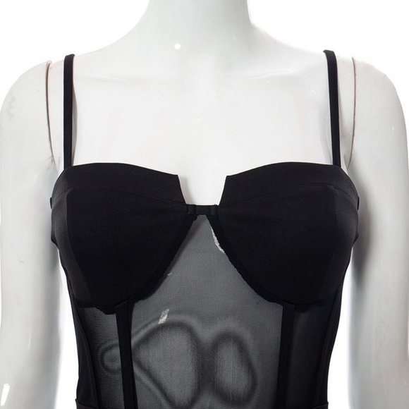 Sleeveless Sexy Mini Long Black Dress with Tulle Detail at Waist, Sexy Mini Blac - Picture 5 of 6